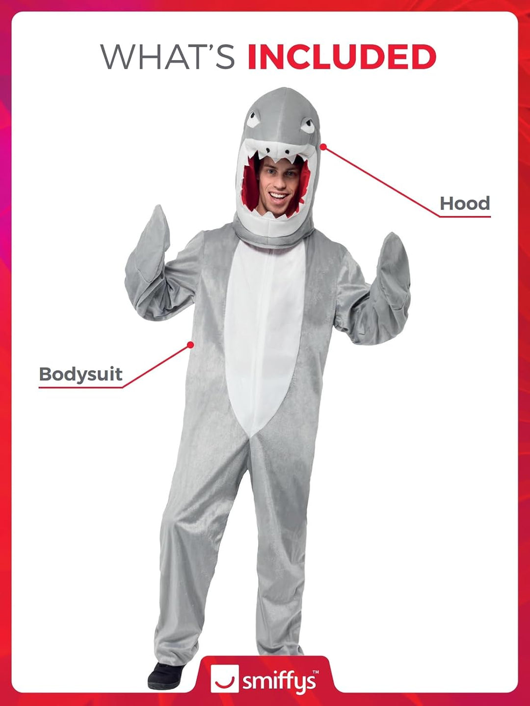 Smiffys, Herren Hai Kostüm, Bodysuit und Kopfteil, One Size, 43815 Einheitsgrösse, Einheitsgrösse