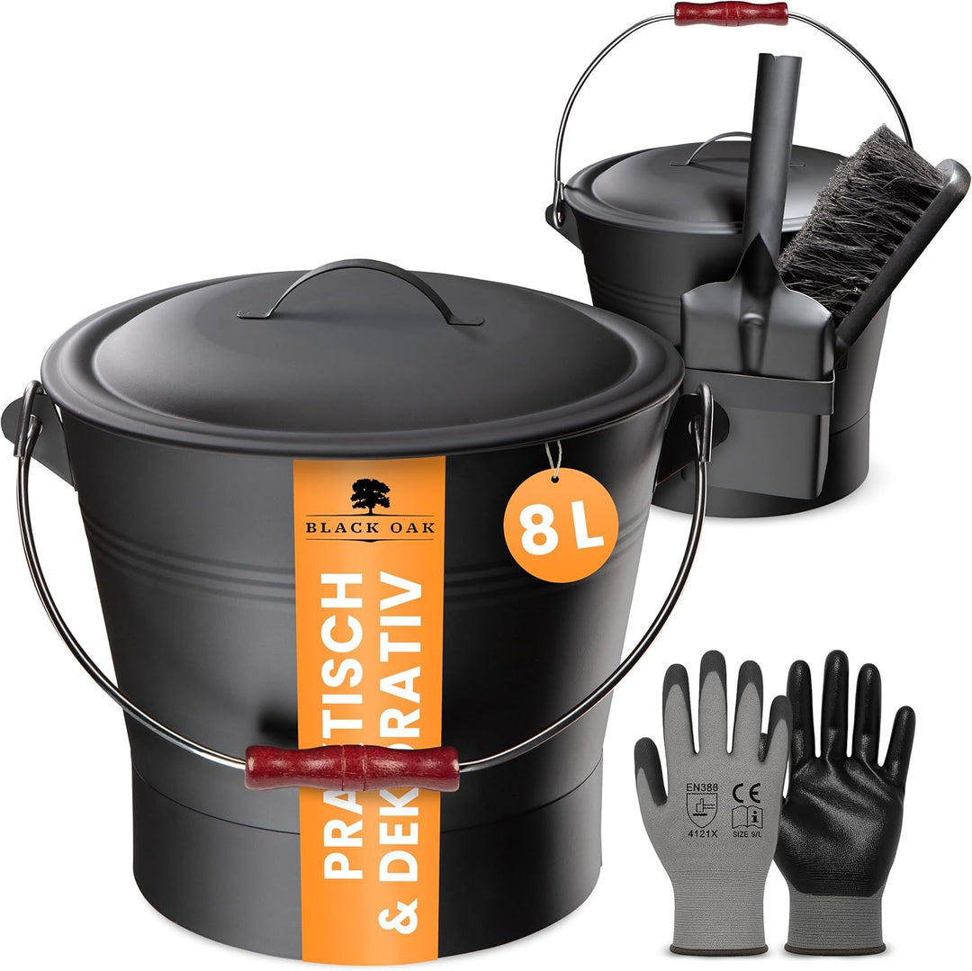 BLACK OAK Ascheeimer LANIN 8L - Asche-Eimer schwarz mit Deckel &amp; Holz-Griff DUNKEL + Feger + Schaufe