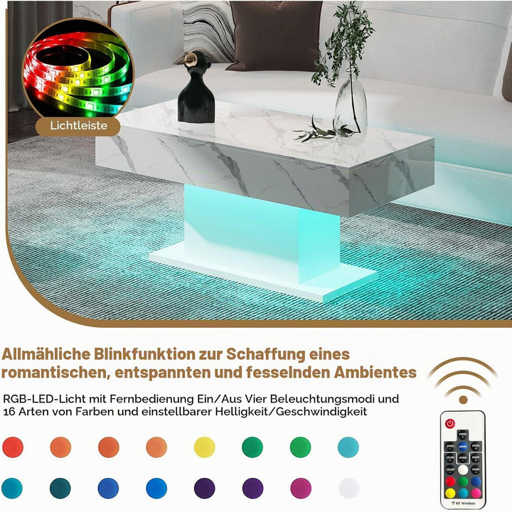KEEPREAPER Couchtisch Hochglanz mit LED Beleuchtung modern Weiss marmor, Weiss Marmor