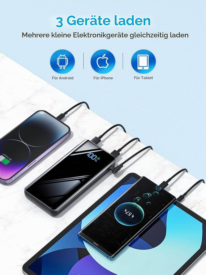 Power Bank 20000mAh Powerbank Schnellladefunktion 22.5W USB C LED Display Keine Kabel, Keine Kabel