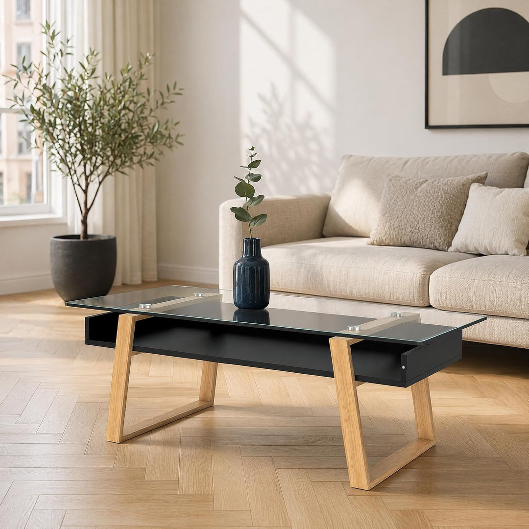 Couchtisch Glas Schwarz mit Bambus – Moderner Glastisch Wohnzimmer mit Ablage 110x55x40 cm – Wohnzim
