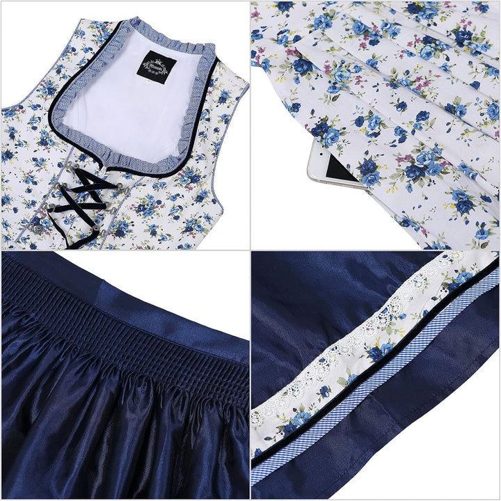 KOJOOIN Trachtenkleid Damen Dirndl Kurz Midi 3tlg. für Oktoberfest-DREI Teilig: Kleid, Bluse, Schürz