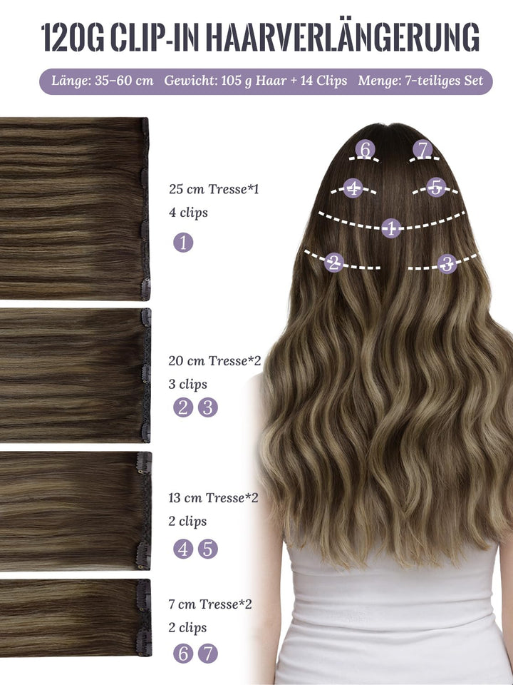 Fshine Echthaar Extensions Clip, 40cm 16 Zoll 120g 7 Stück BalayageSchokolade Braun Mxied Karamell B