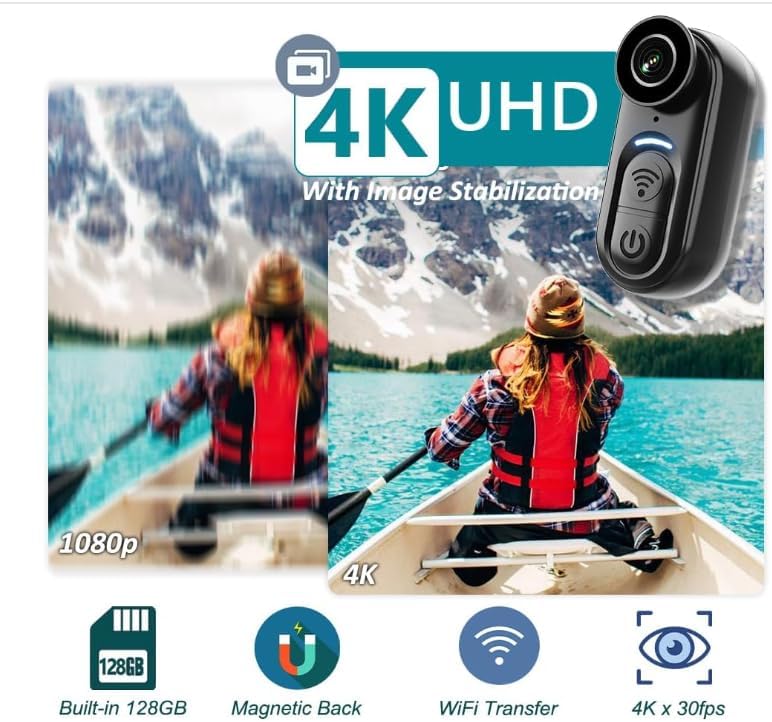 4K Körperkamera Actionkamera, Mini Actionkamera Action Cam mit 125° Weitwinkel, WiFi, 600mAh Akku &amp;