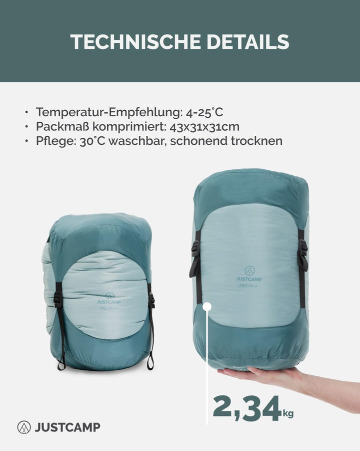 Justcamp Melvin Sommer Schlafsack Outdoor - 3 Jahreszeiten (4-25 °C) - breiter Deckenschlafsack (80
