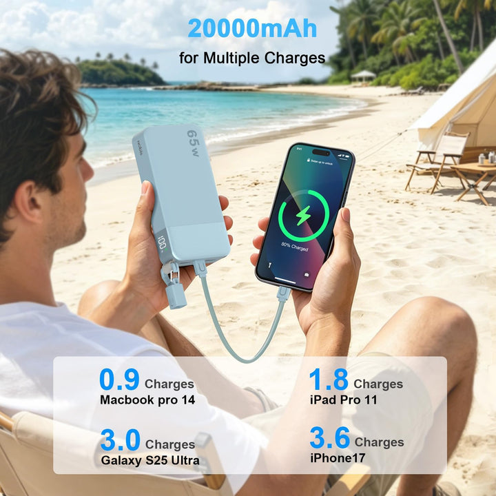 NOBIS 20000mAh Powerbank für Laptops, 65W PD Power Bank Blau, Blau