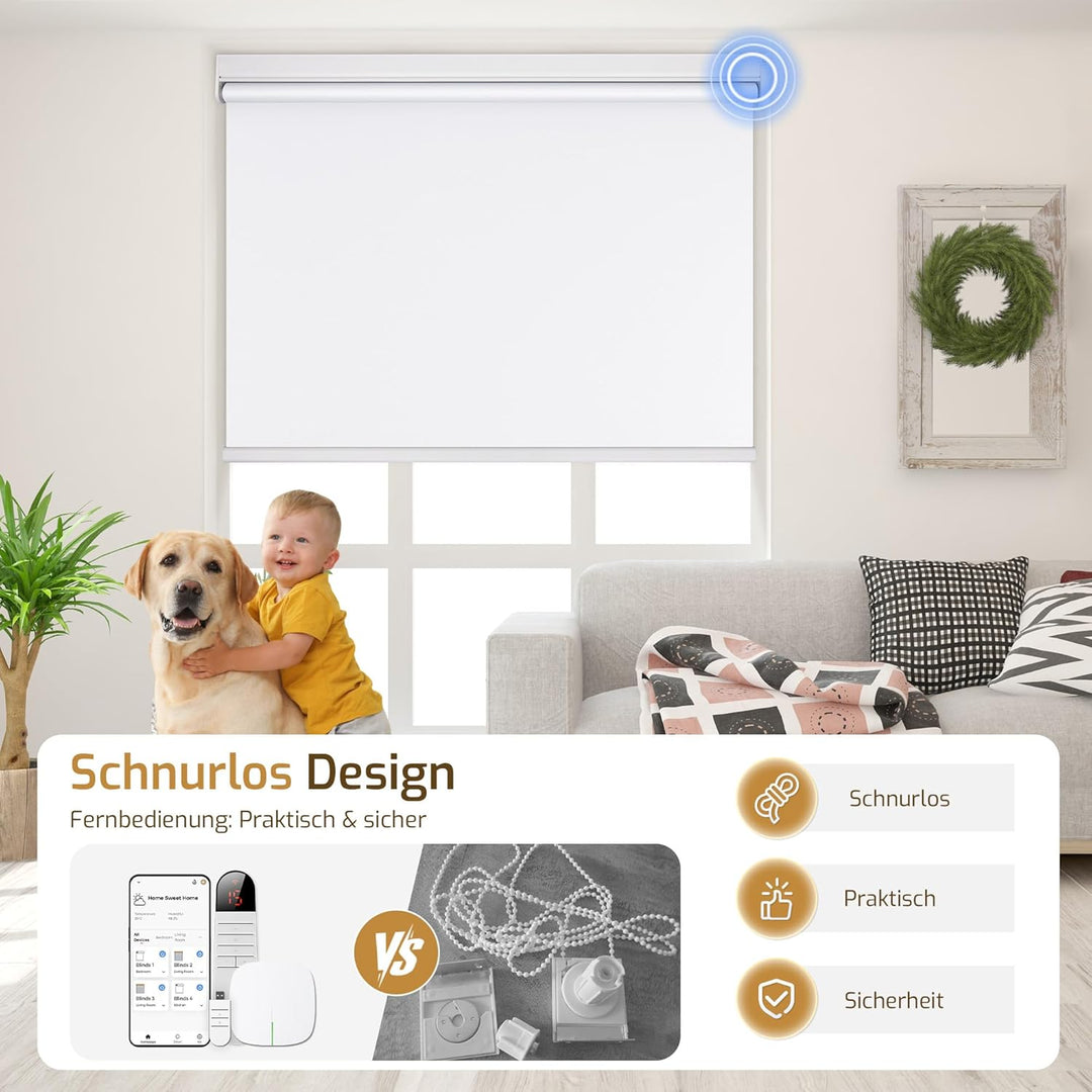 Grandekor Rollo Elektrisch 45x150cm Weiss, Elektrisches Verdunklungsrollo Klemmfix ohne/mit Bohren,