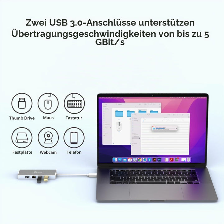 j5create USB 3.0 Hub mit HDMI, VGA, RJ45 Gigabit Ethernet, 2xUSB-A 3.1 - Schnelle Datenübertragung f