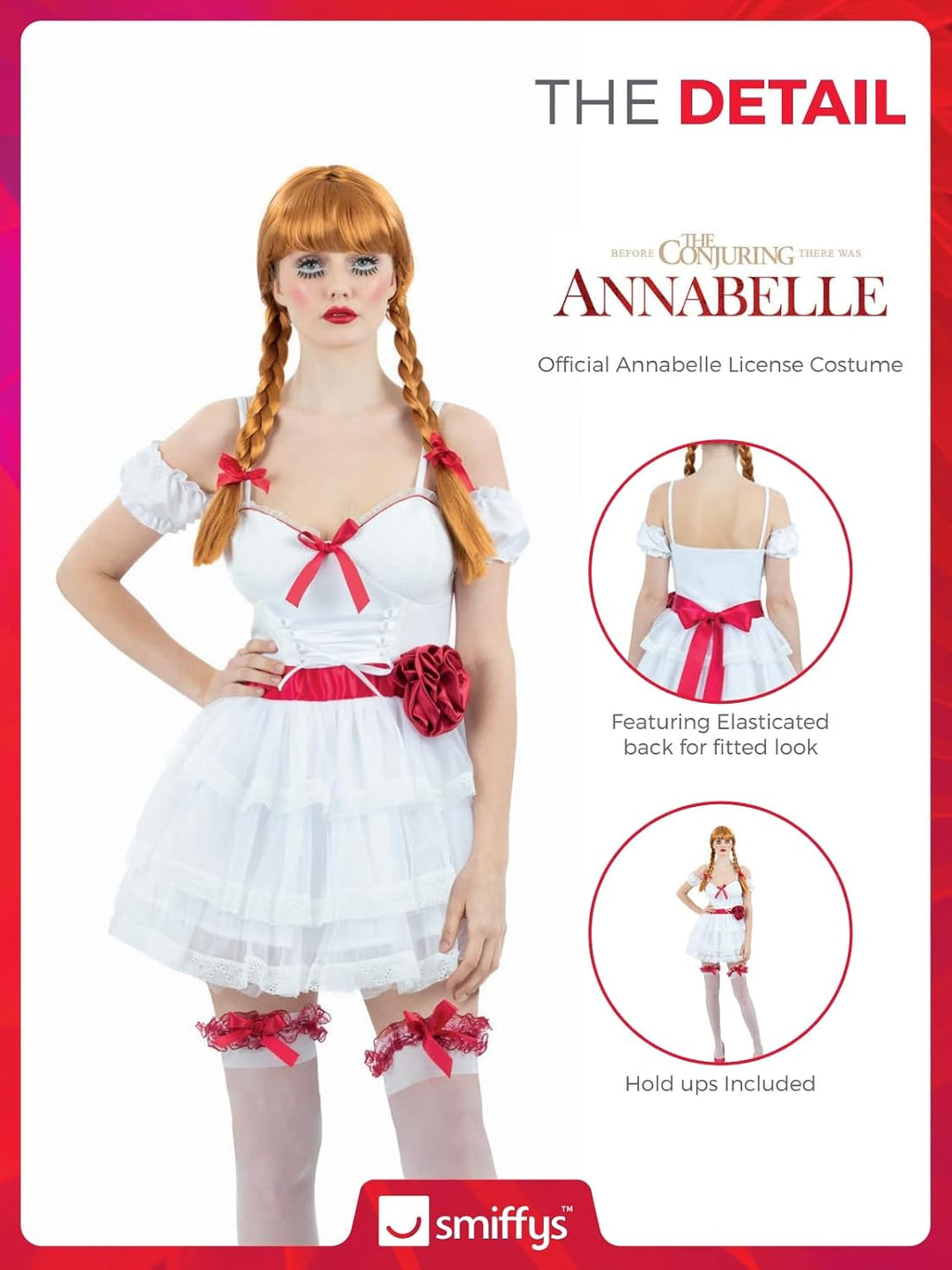 Smiffys 81003 Annabelle Minikleid Kostüm, Damen, Weiss &amp; Rot X-Small (UK 4-6), X-Small (UK 4-6)