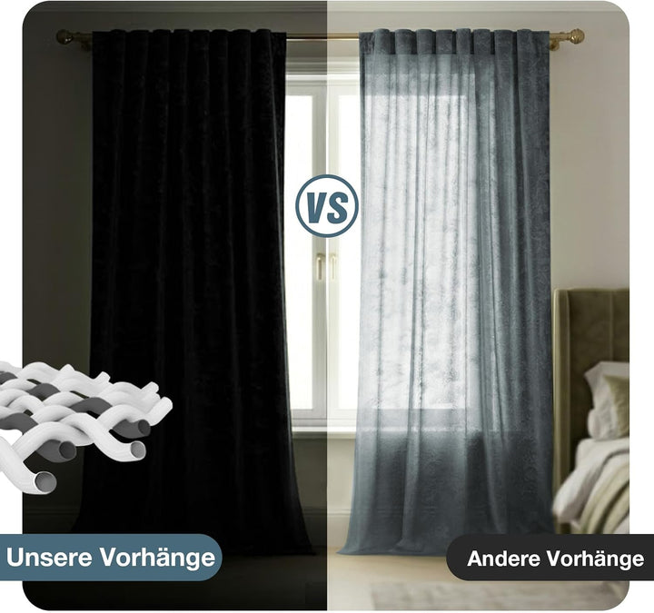 Rosnek Samtvorhang mit Kräuselband 2er Set, Golddruck, Wohnzimmer Schlafzimmer Verdunkelung Thermovo
