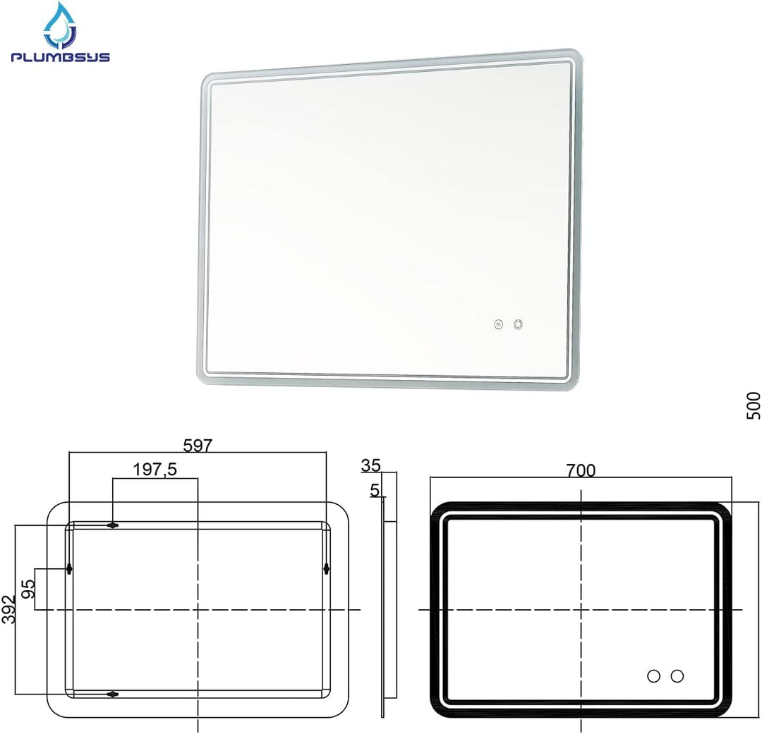 Plumbsys LED Badspiegel Badezimmerspiegel 50x70cm mit 3-Farben des Lichts Beleuchtung Antibeschlag W