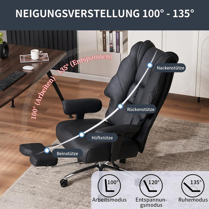 XXL Bürostuhl Ergonomisch, Chefsessel mit Hoher Rückenlehne, Verstellbaren Armlehnen und Breitem Sit