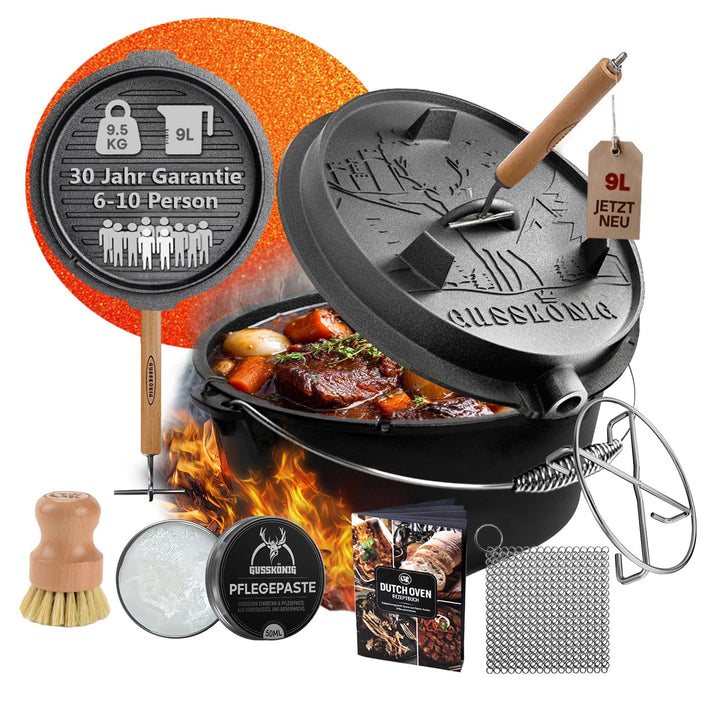 Dutch Oven Set–Eingebrannter Dutch Oven 9L [6-10 Person]–Feuertopf Gusseisen ohne Füsse–Schmortopf D