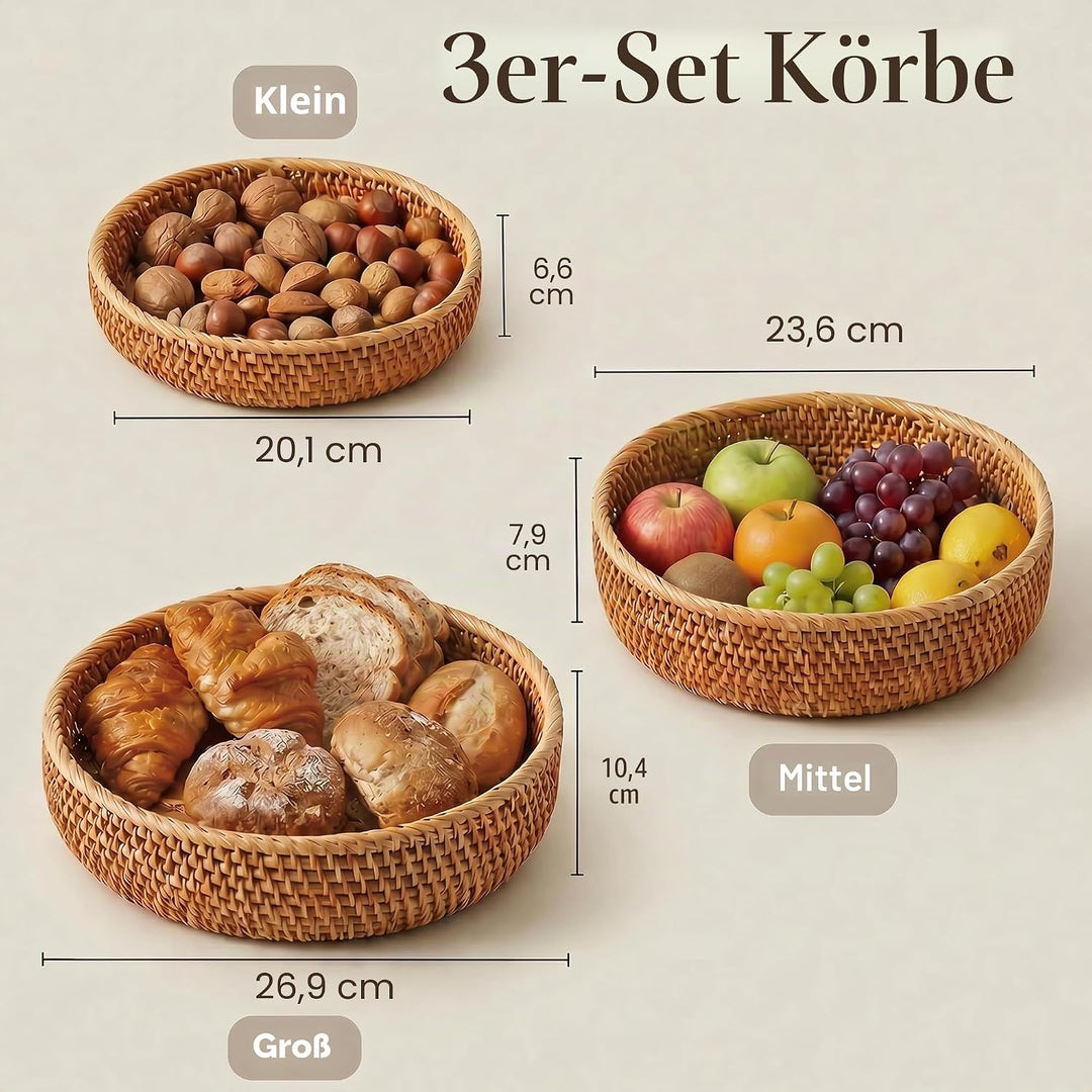 Runde Rattan Obstkörbe, Natürlicher Korbfruchtschalen, Geflochtene Aufbewahrungskörbe für Esszimmer
