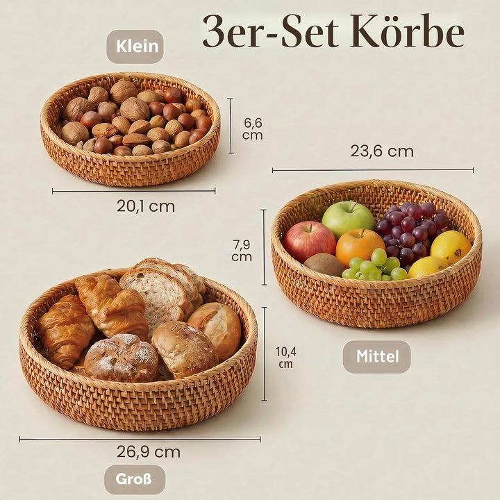 Runde Rattan Obstkörbe, Natürlicher Korbfruchtschalen, Geflochtene Aufbewahrungskörbe für Esszimmer