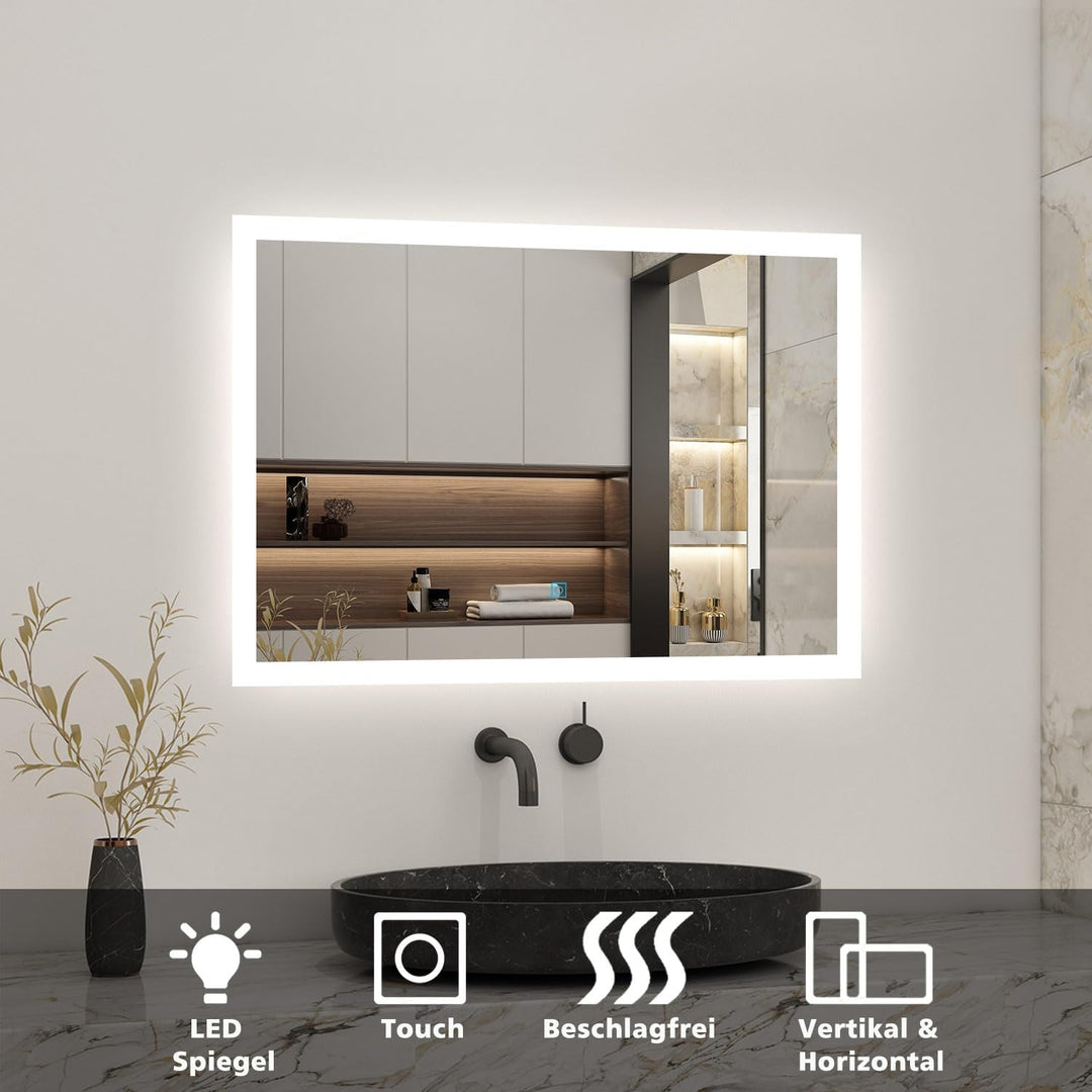 Biubiubath 80x60cm LED Badspiegel mit Touch-Schalter,Badspiegel mit Beleuchtung,Beschlagfrei,Badezim