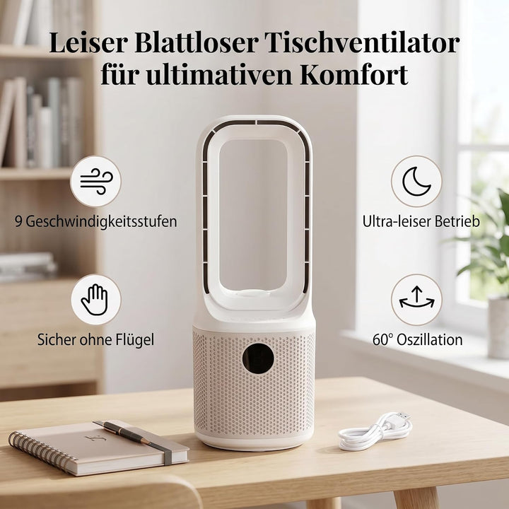 Pissente Rotorloser Ventilator mit Luftreiniger, Turbinentechnologie, 9 Geschwindigkeiten und 60-Gra