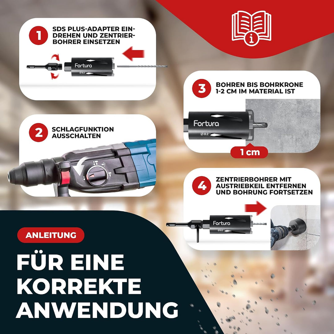 Fortura Kernbohrer/Bohrkrone Ø50-162mm / 200mm Länge/SDS Plus/Dosenbohrer/Diamantbohrkrone/Bohrkrone