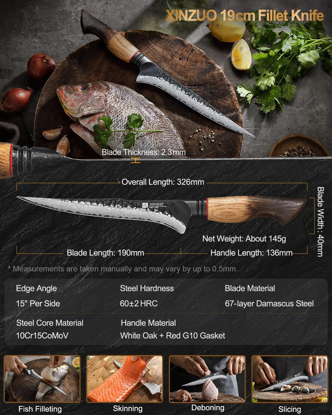 XINZUO 19cm Damaststahl Filetiermesser -67 Schichten Damastmesser Fischmesser Profi Kochmesser -Dama