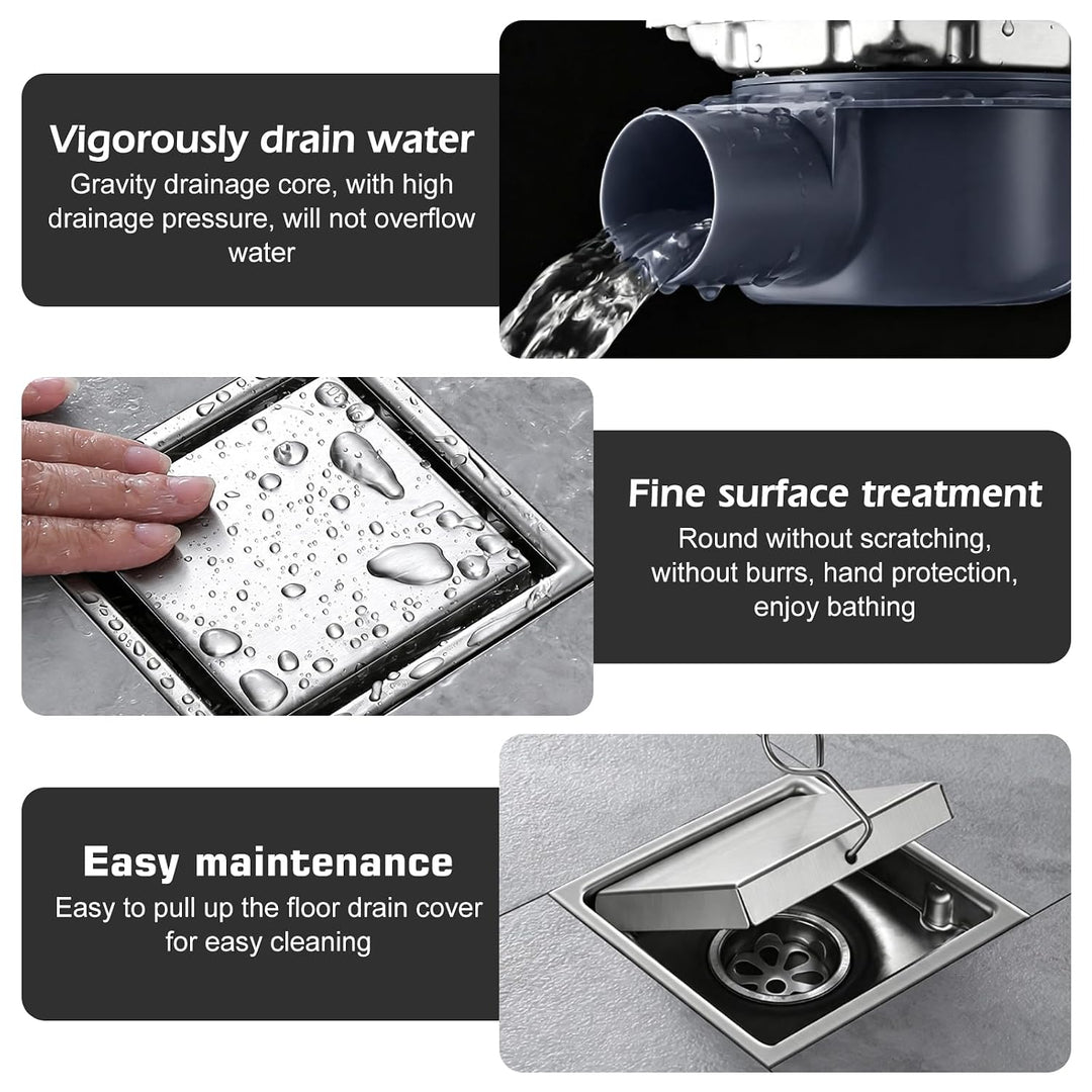 Duschrinne Quadratisch Edelstahl, 15x15cm Bodenablauf Dusche mit 360° Siphon Geruchsstop Haarfilter,