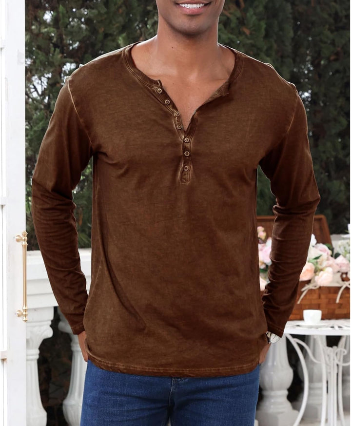 YawYews Henley Shirt Herren Langarm Langarmshirt Herren Longsleeve T Shirt Vintage Tshirt Baumwolle