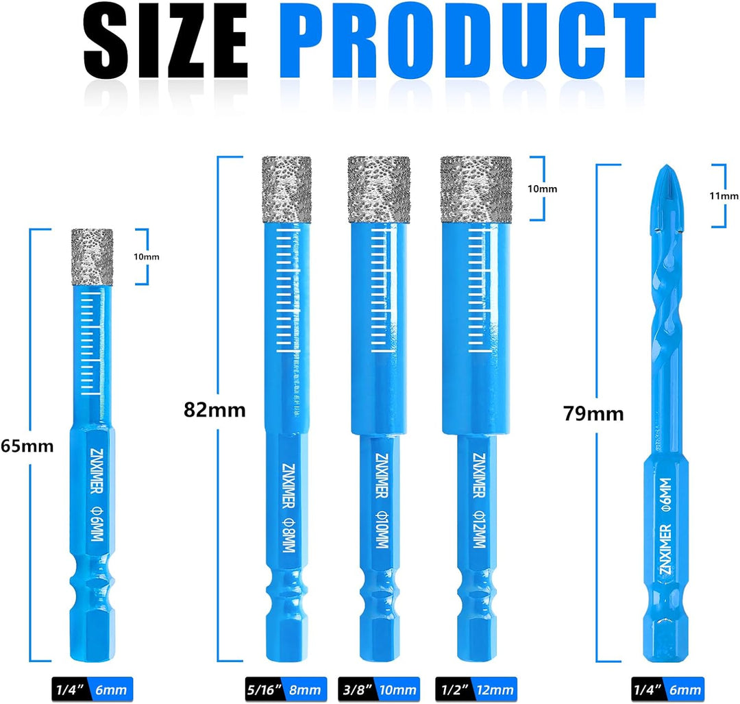 Fliesenbohrer Diamantbohrer Glasbohrer Set 5-tlg. 6, 8, 10, 12 mm + 6 mm Karbidbohrer für Keramik, G