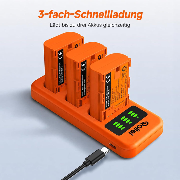 Rollei Ladegerät LP-E6 3-Fach-Schnellladung mit USB-C Anschluss, Ladegerät
