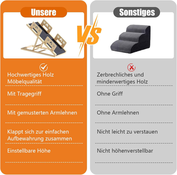 Hunderampe 100cm, 4-stufige Höhenverstellbare von 35CM bis 58CM Hunderampe Bett Rampe Hund aus Holz
