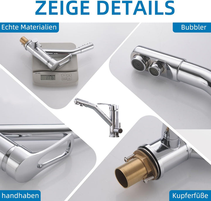 3-Wege-Küchenarmatur, 360° drehbarer Küchenarmatur, Spültischarmatur mit flexiblem Auslauf, G3/8 Zol