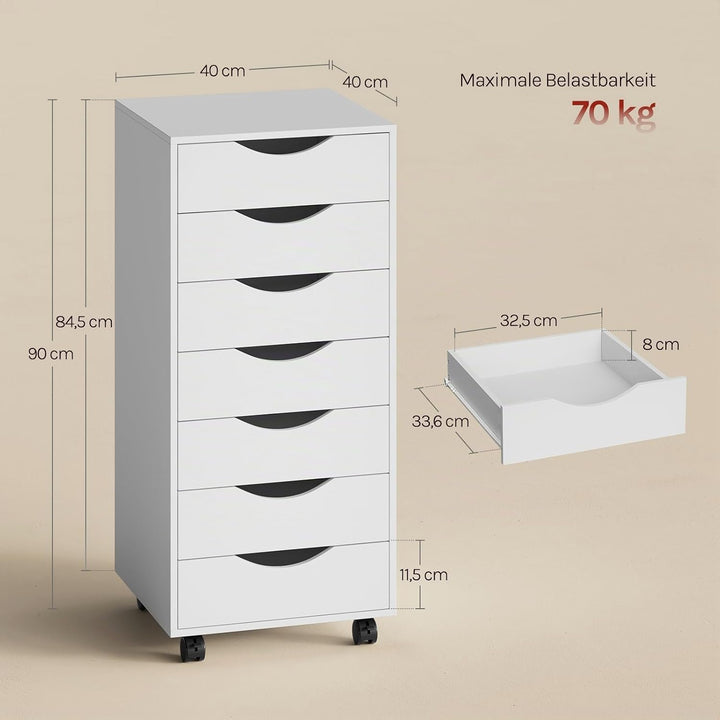 WOLTU Rollcontainer mit 7 Schubladen, mobiler Aktenschrank mit Rollen Weiss 7 Schubladen (90H cm), W