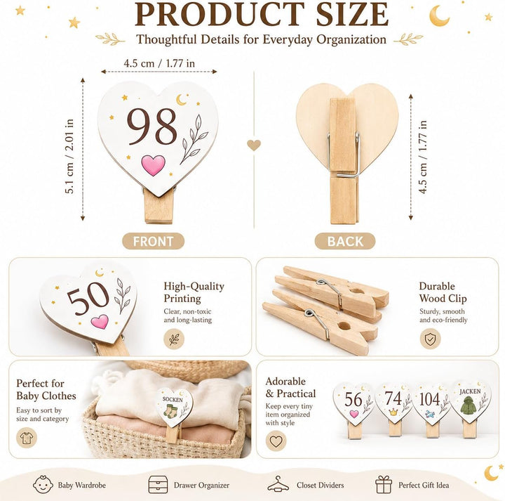 27 Stück Herzform Grössentrenner Baby, Grössenclips mit Gravur (50-122), B