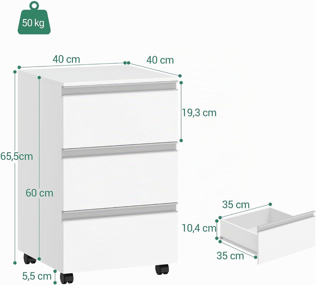 Hzuaneri Rollcontainer 40x40x65.5cm 3 Schubladen weiss | Mobil, 3 Schubl., stabil. Für A4/Letter. Bü