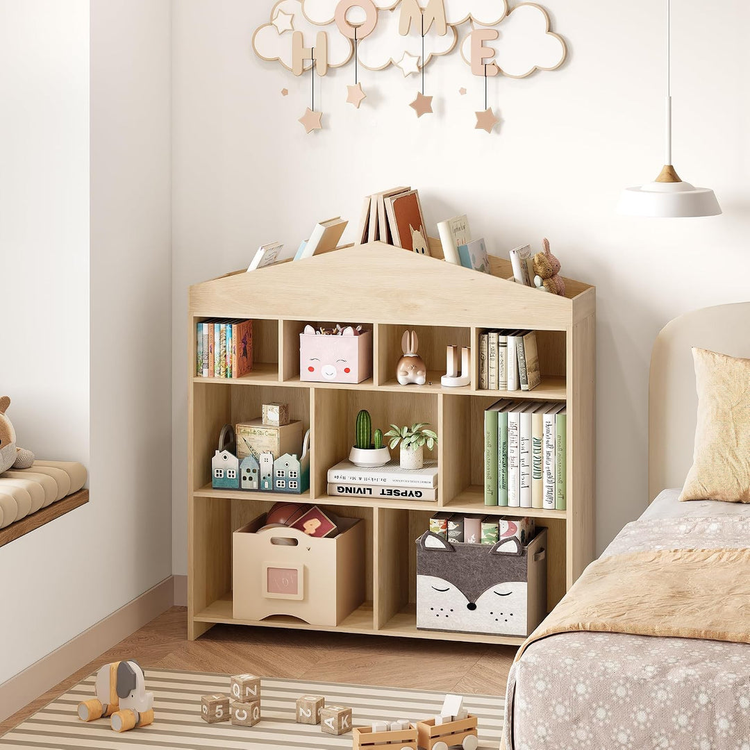 Kinderregal mit 9 Fächern, Naturholz, Spielzeugregal, Natur