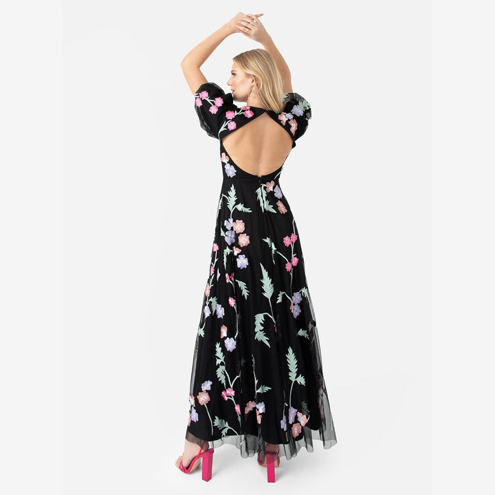 Maya Deluxe Damen Womens Maxi Ladies Floral Embroidered Open Back Puff Sleeves Dress for Wedding Gue