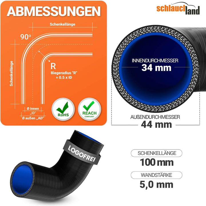 4 Stück | Silikonbogen 90° Grad ID-Ø 34mm blau 200°C | VIELE GRÖSSEN &amp; FARBEN | Silikon-Schlauch Lad