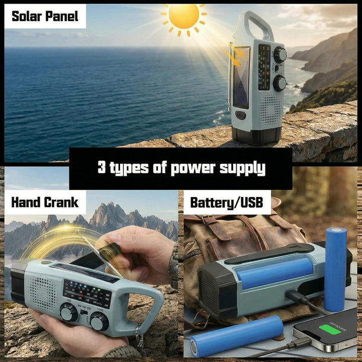Notfall Radio Kurbelradio mit Handkurbel, Solar Radio mit 2000mAh Powerbank, AM/FM Radio mit LED Tas