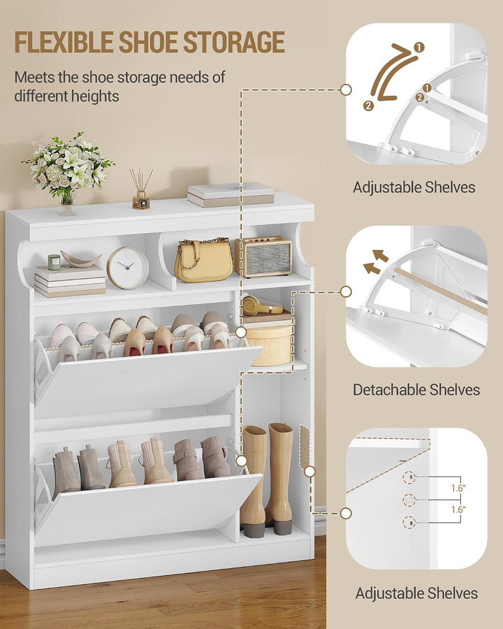 Hzuaneri Schuhschrank mit 2 Klappen, Schmal Schuhschrank mit 3 Ablagefächer, Trennwand Verstellbar,