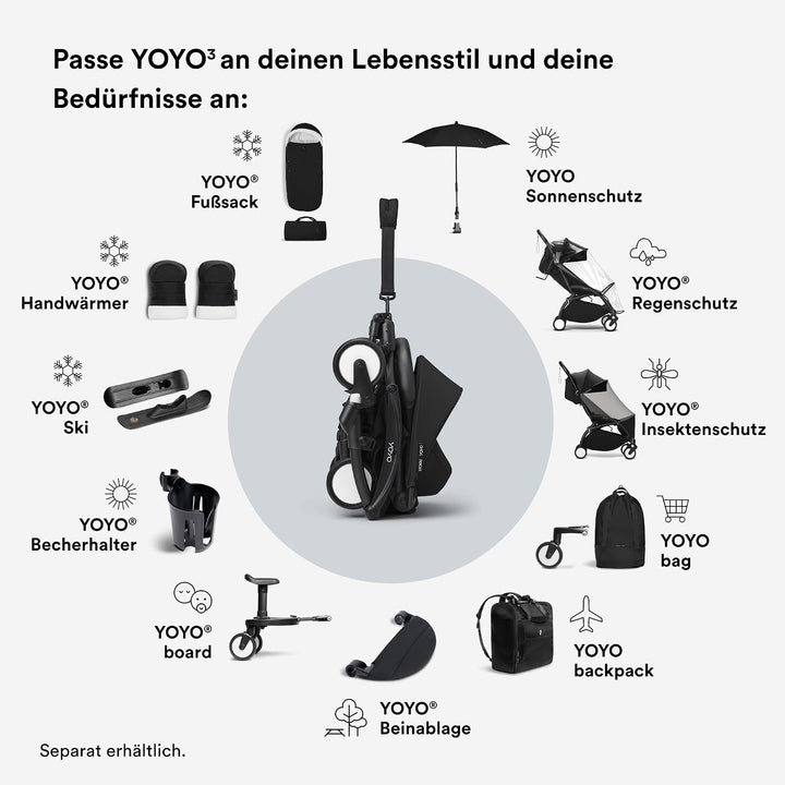 Stokke YOYO3 Kinderwagen ab 6 Monaten - Inklusive weissem Rahmen, Schwarzem Sitzkissen + Verdeck - B