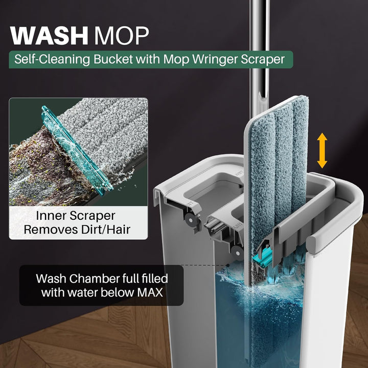 JOYMOOP Wischmopp und Eimer mit Auswringer-Set, weisses flaches Squeeze-Mopp-Eimer-Set für Bodenrein