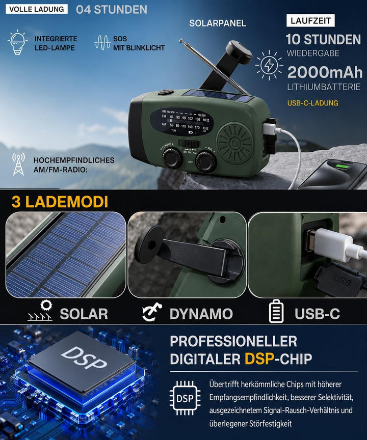 Batteriebetriebenes Radio, Notfallradio Kurbel Solar Powerbank LED | 2000mAh Akku(Austauschbarer), 3