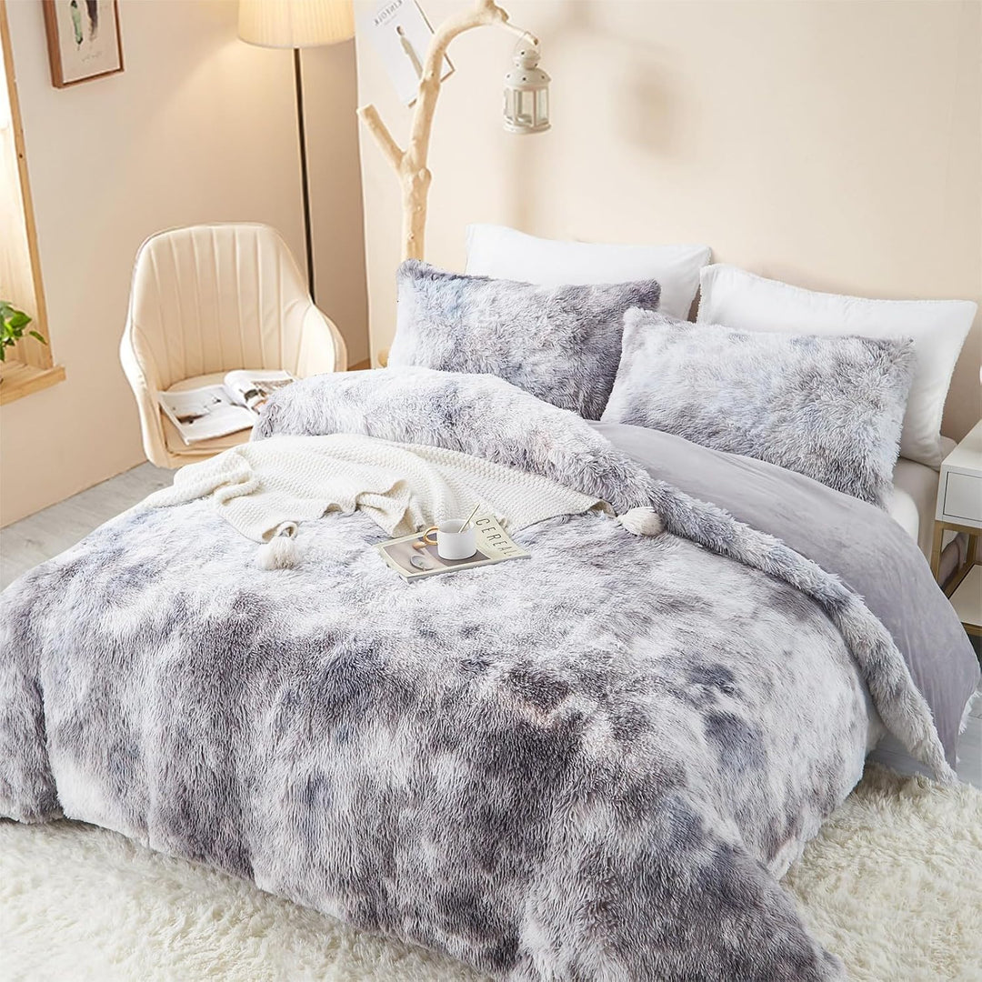 Freyamy Plüsch Bettwäsche 200x220cm Grau Langhaar Flauschig Warm Winterbettwäsche Flanell Samt Biber