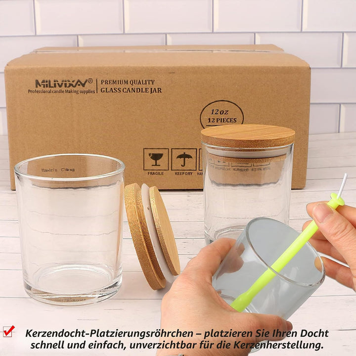 MILIVIXAY 12 Stück 340 g klare Glaskerzengläser mit Deckel und Kerzenherstellungssets – leere Kerzen