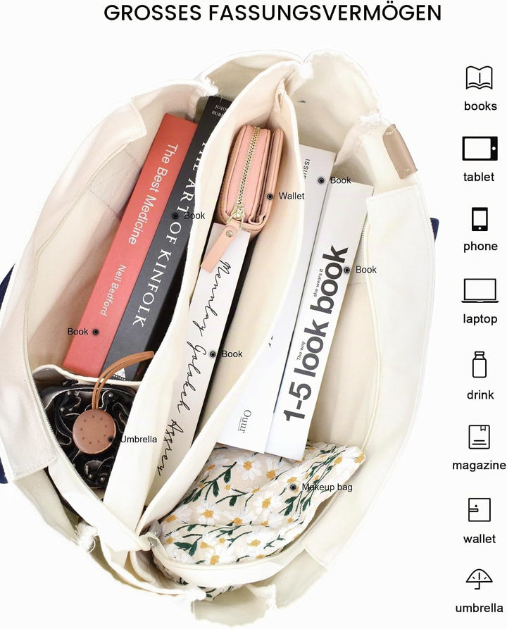 Damen Mittelgross Handtasche Canvas Satchel Tote Bag Schultertasche Shopper für Bücher Alltag Arbeit