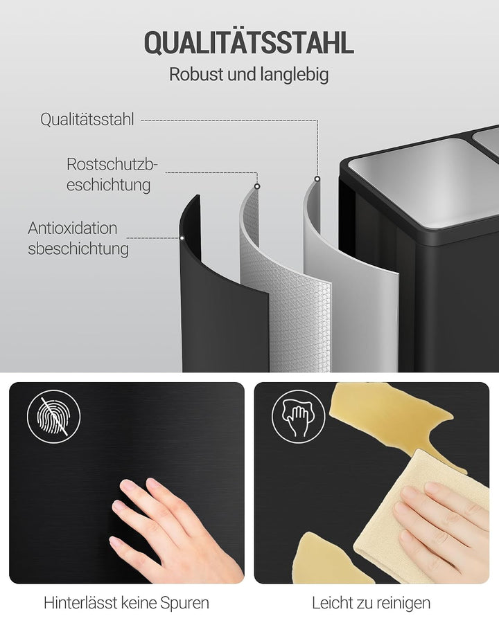 Hzuaneri Mülleimer Küche, Mülltrennsystem 2 Fächer 60L (2 x 30 L), Edelstahl-küchenmülleimer, Tretmü