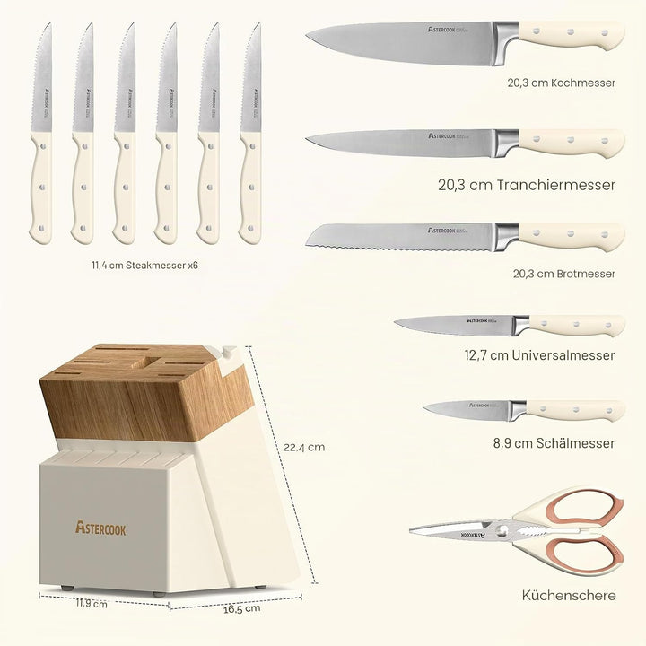 Astercook Messer-Set, Küchenmesser-Set mit Block, 14-teilig, Vollzapfen, Edelstahlmesser mit Schärfe