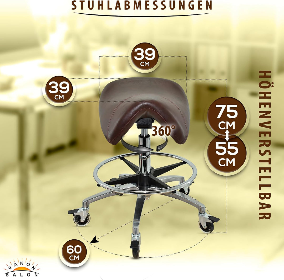 Sattelhocker mit Neigung Braun, Sattelstuhl, Rollhocker höhenverstellbar von 55-75 cm mit Fussring,