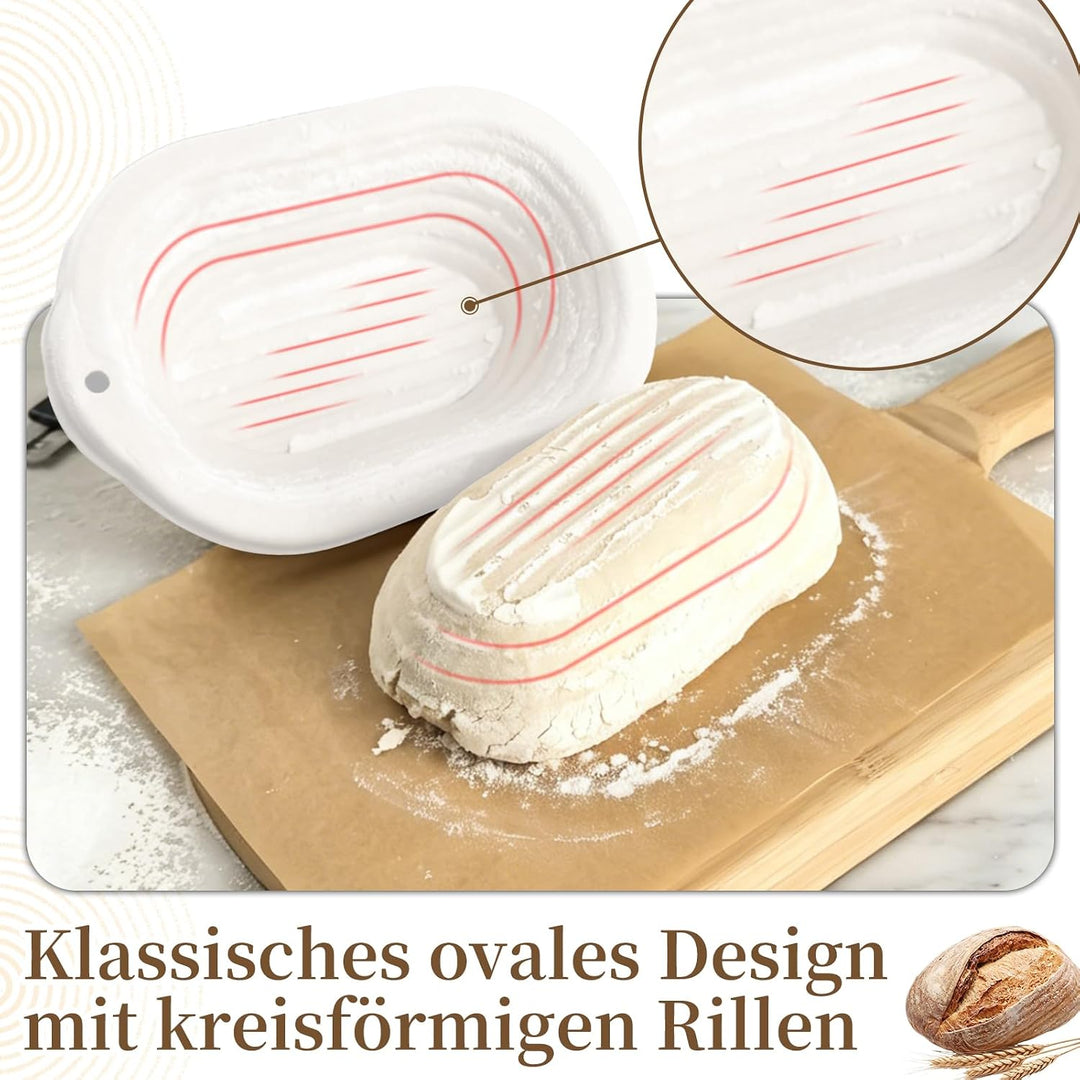 6er-Set Ovaler Gärkorb aus Zellstoff 23 x 14 cm mit 6 Leinen-Einlegern – Sauerteig-Brotbackform für