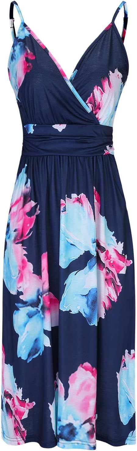 OUGES Kleid Damen Spaghettiträger Sommer Kleider Knielang V-Ausschnitt Strandkleid mit Taschen XL Fl