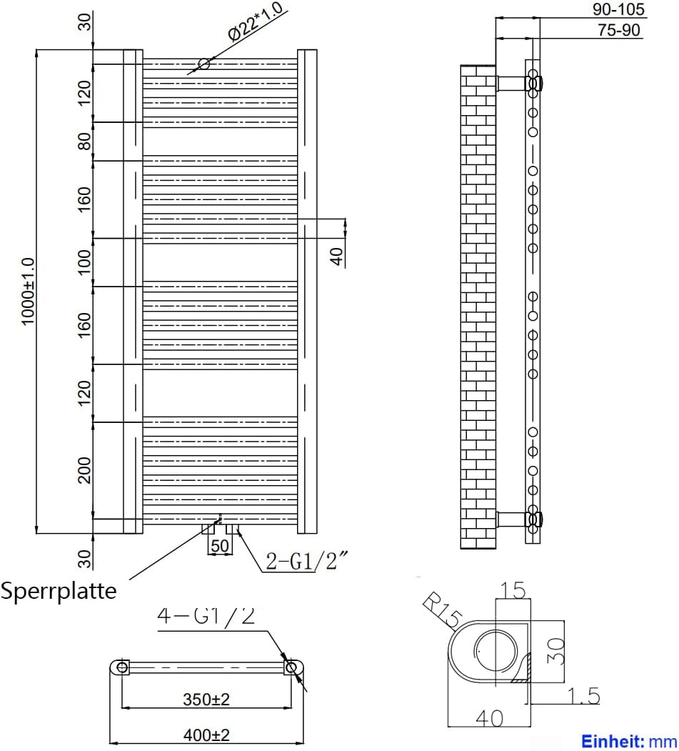 Heilmetz Badheizkörper Anthrazit Handtuchtrockner Heizung 1000 x 400 mm Bad Heizkörper Handtuchheizk