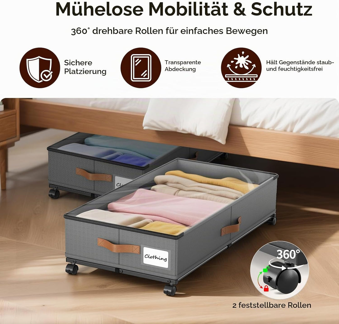 2 Stück Unterbettkommode mit Rollen, Unterbett Aufbewahrungsbox mit Deckel, 360° Drehung, Gross 48L